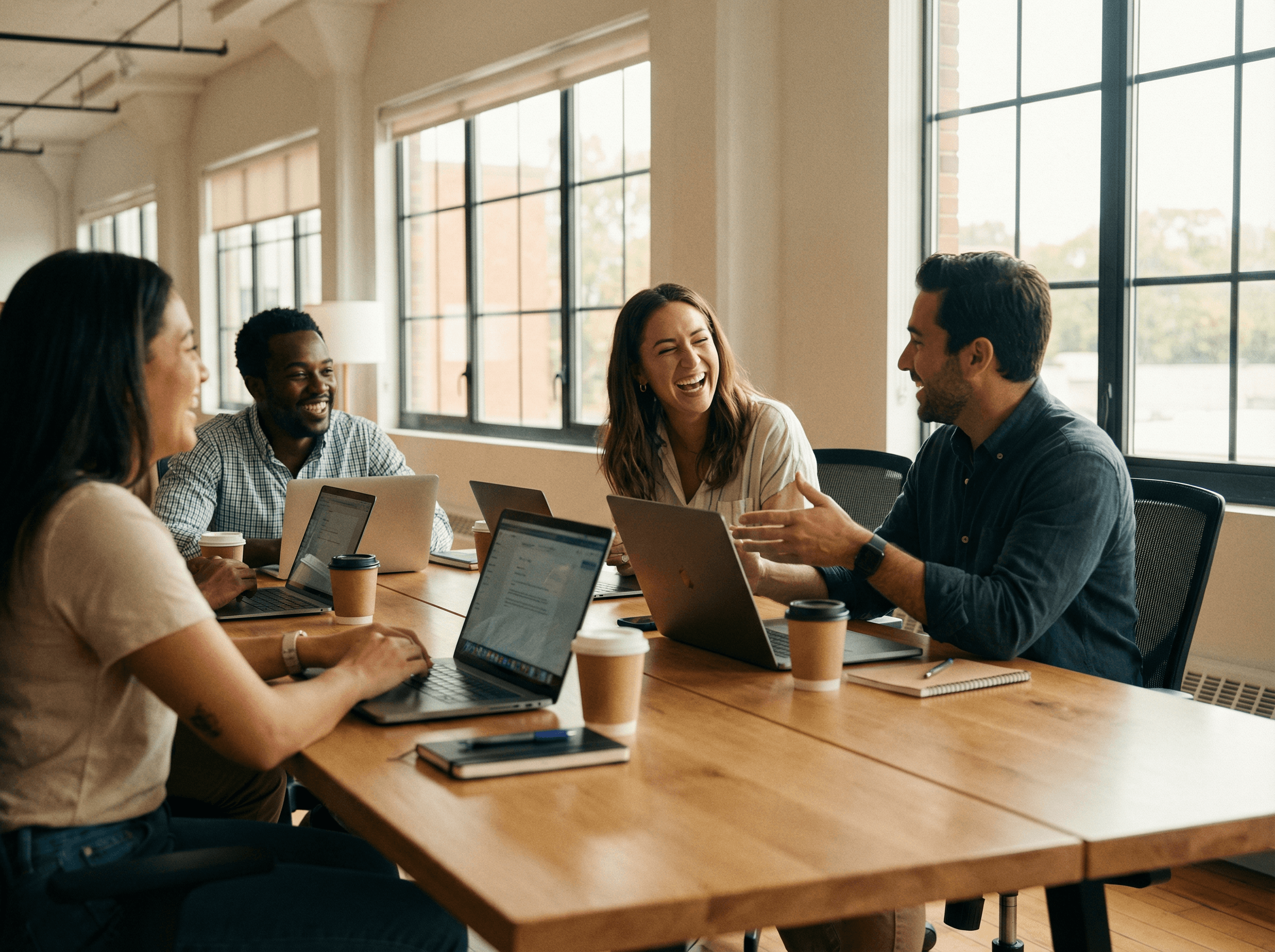 Team arbeitet entspannt zusammen in modernem Büro. Offene Atmosphäre, echte Zusammenarbeit, authentischer Arbeitsalltag.