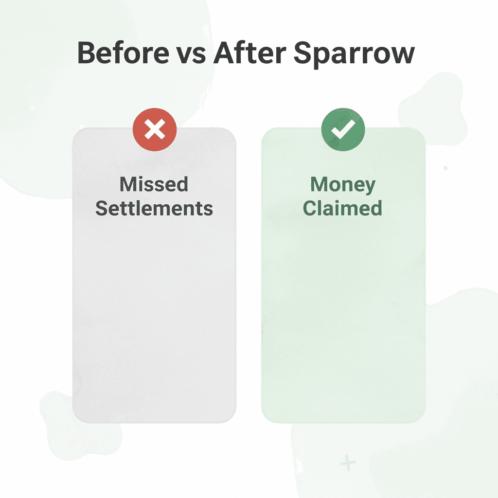  Before and after comparison showing missed settlements versus money claimed with Sparrow