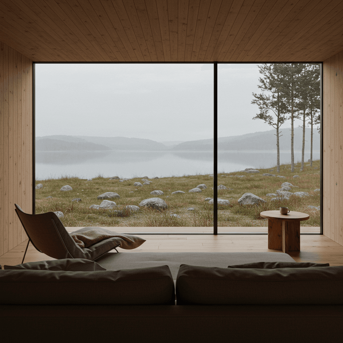 Minimalist interior with large window overlooking a serene lake and distant hills. Cozy chair, table with mug, and soft sofa create a tranquil atmosphere.