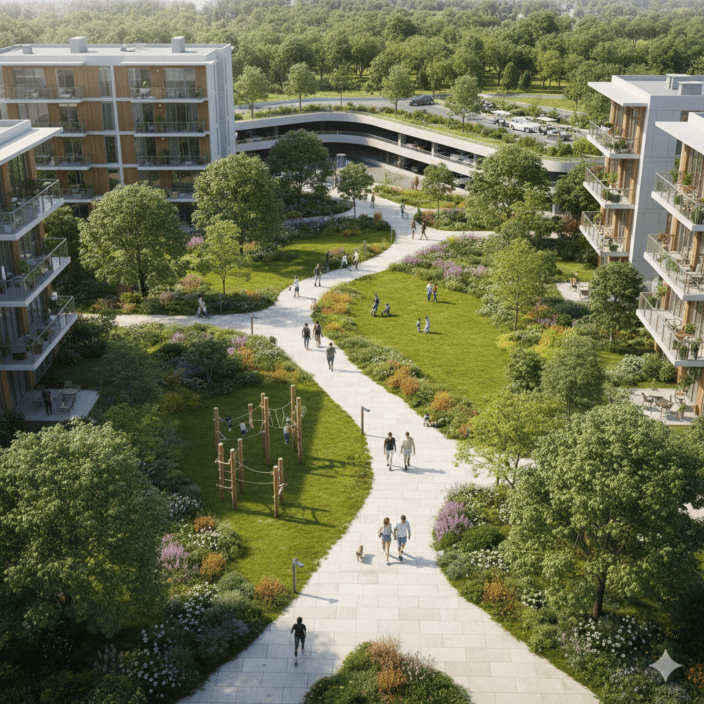 Aerial view of pedestrian walkway and safe play zone at Smart World 111, zero vehicle core.