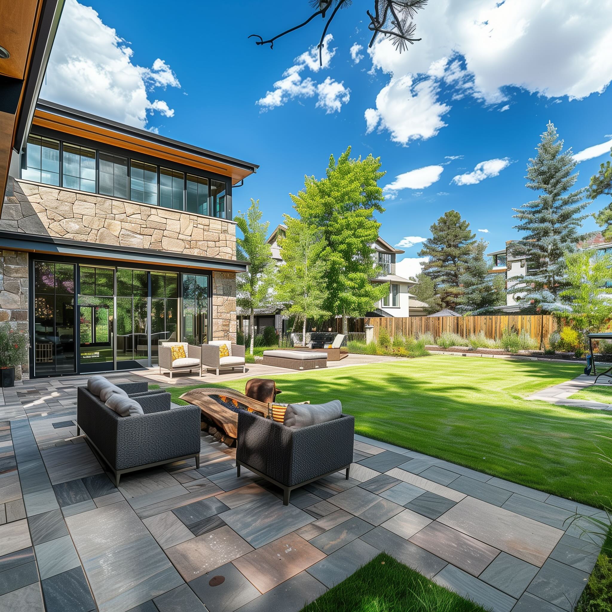 expansive backyard with pavers, grass, square-shaped gray paver blocks, comfortable seating environment with sofa and chairs