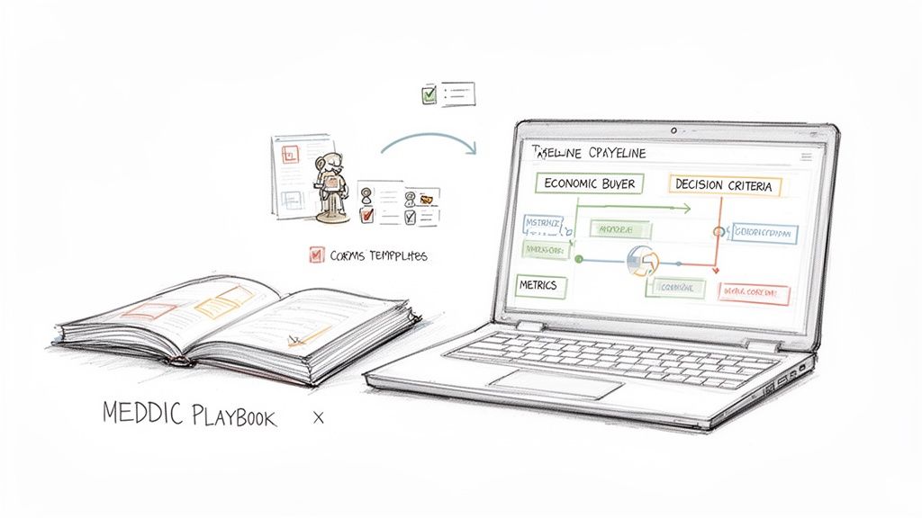 A MEDDIC playbook open next to a laptop displaying a sales pipeline and related digital templates.