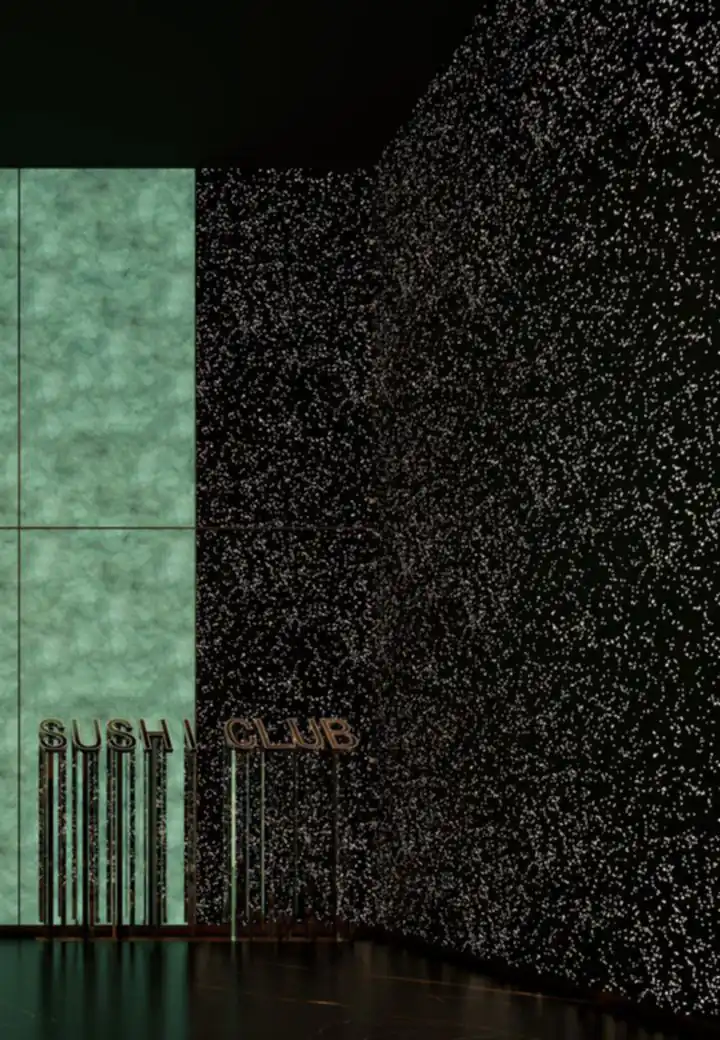 Mur noir constellé de points lumineux et enseigne Sushi Club, à côté du mur d’onyx (visuel d’architecte)