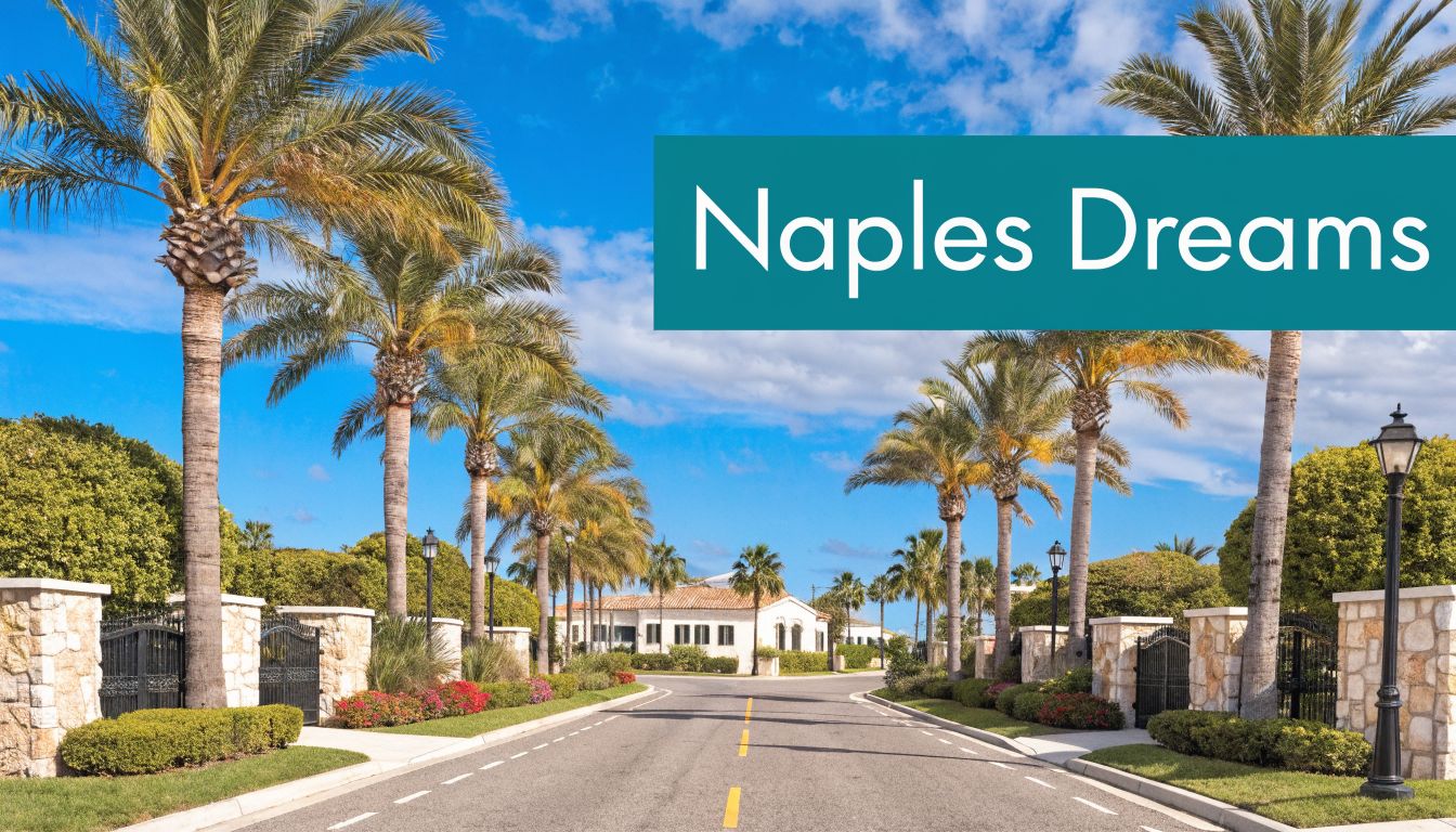 A picturesque street leading into a beautiful gated community in Naples, Florida, lined with tall palm trees.