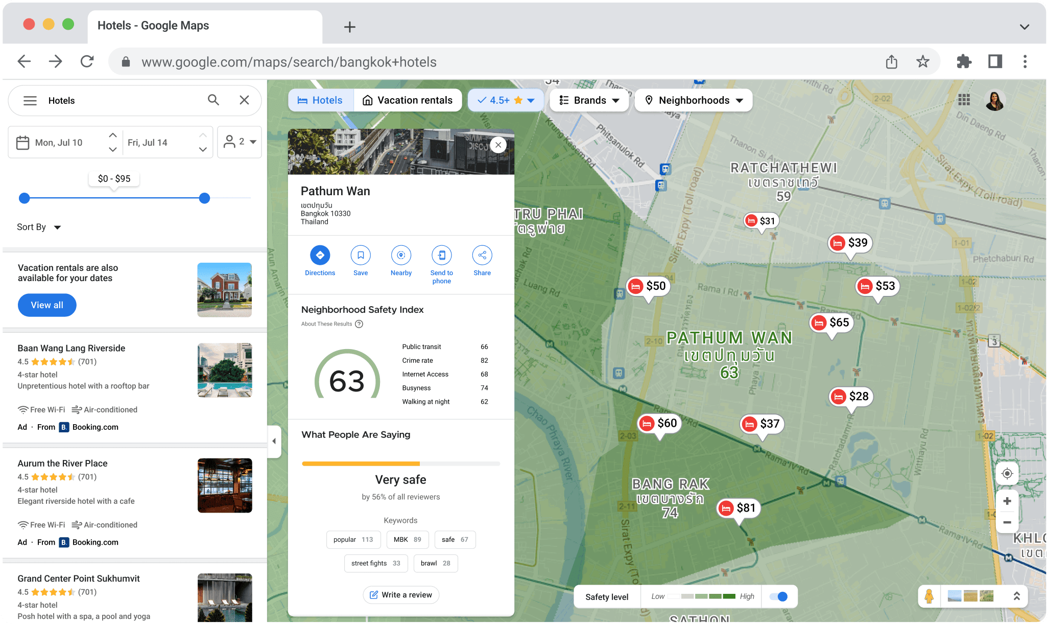 A Google Maps page with color-coded layer on top, showing how safe a neighborhood is.