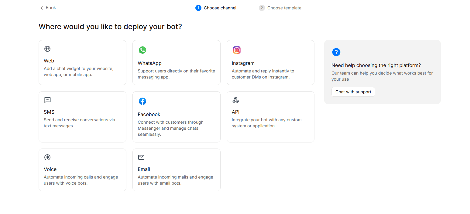 Channel selection screen showing Web, WhatsApp, Instagram, SMS, Facebook, API, Voice, Email