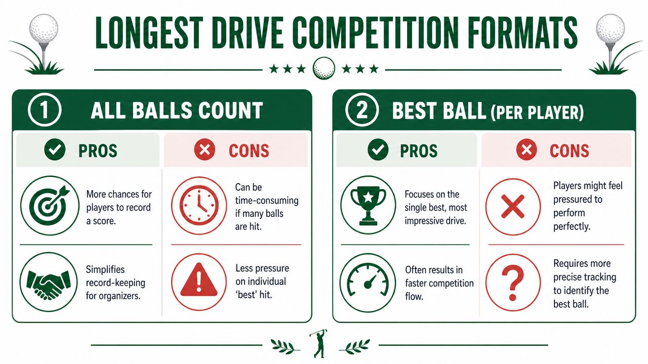 A comparison chart outlining the pros and cons of two common longest drive competition golf formats.