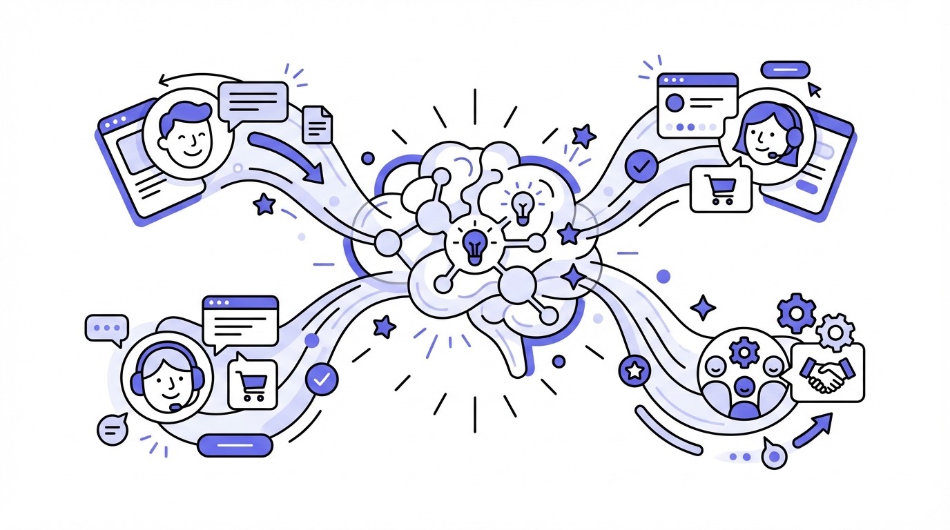 An illustration of a glowing, complex AI core at the center, surrounded by multiple dynamic holographic screens and data streams, each displaying unique customer profiles and conversational snippets, representing sophisticated AI managing personalized interactions. The image has a modern, tech-focused style with cool blue and purple tones.