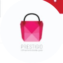 The logo features a pink geometric bag with a black handle, labeled "PRESTIGIO" below.