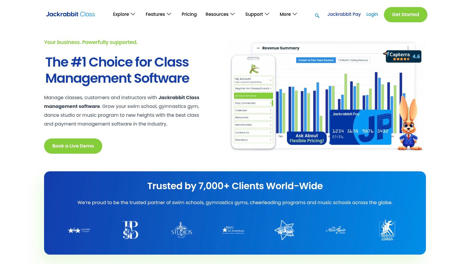 Jackrabbit Class dashboard showing enrollment and class management features.
