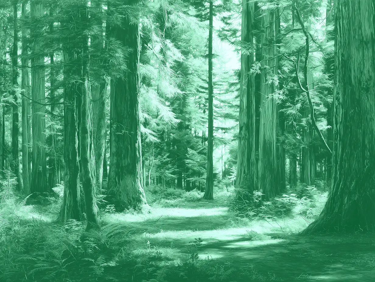 A forest looking straight ahead at a path through some redwood trees