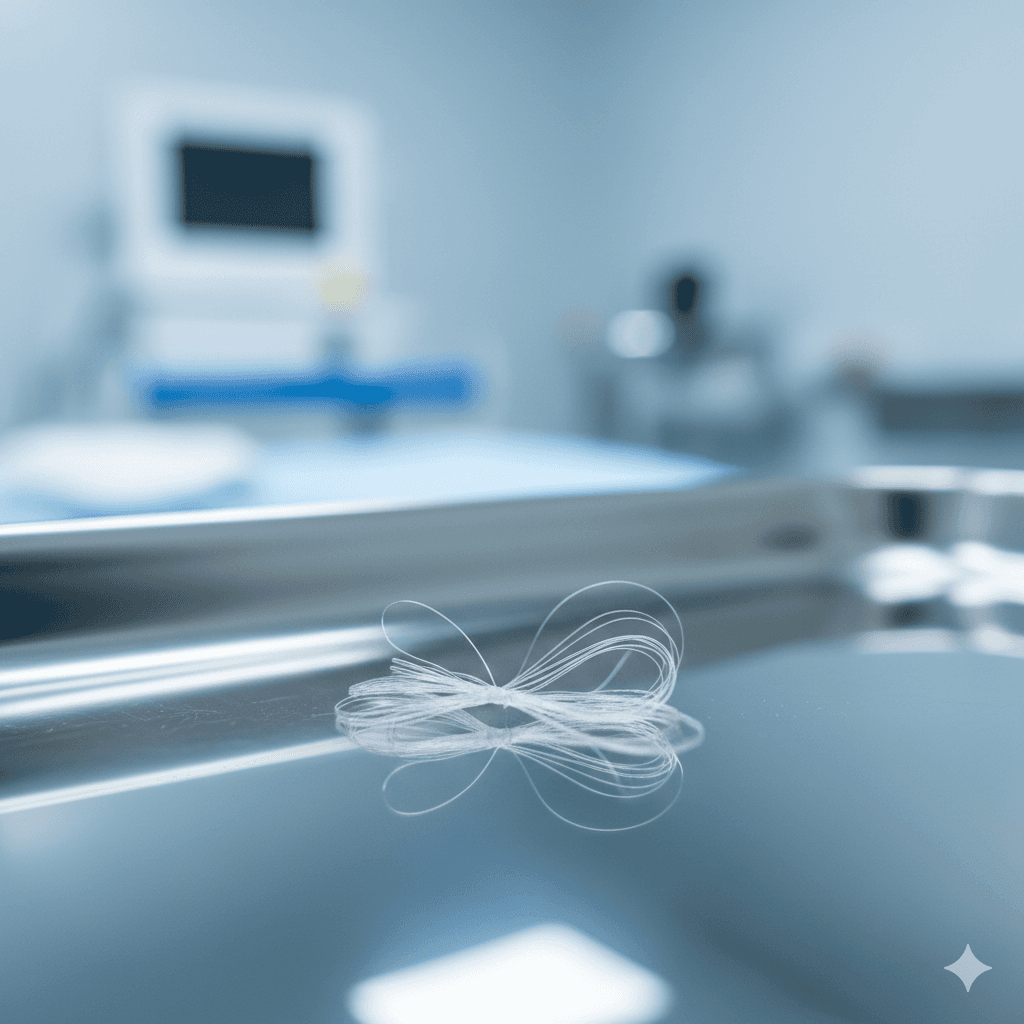 Macro shot of fine, medical-grade threads on a sterile tray, emphasizing their delicate nature.