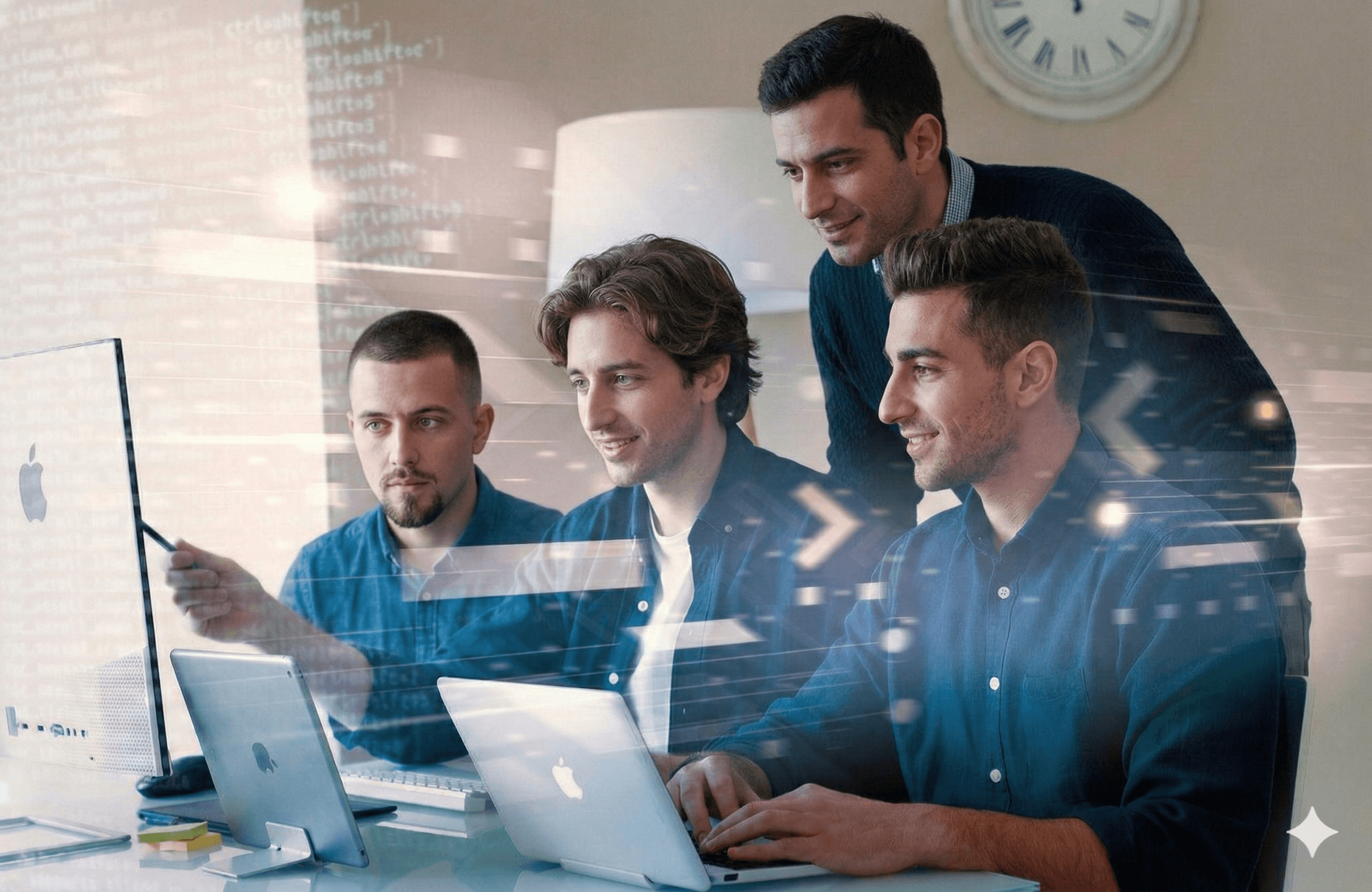 Three male software developers collaborating in a modern office, smiling while working on computers