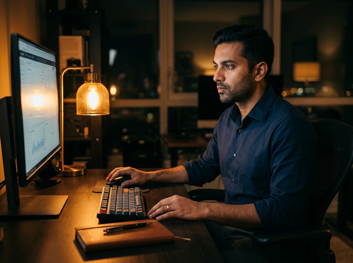 Man working on computer at night