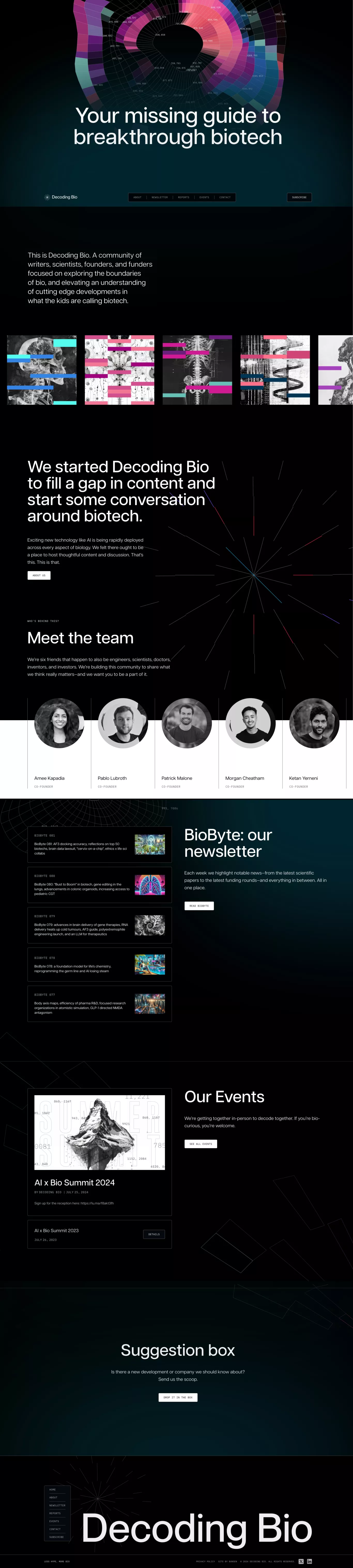Decoding Bio landing page screenshot showcasing Event and Tech design