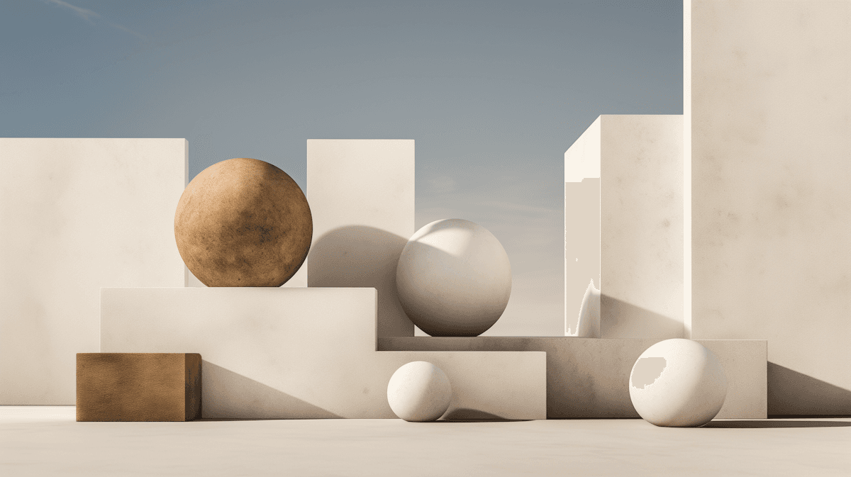 A surreal architectural 3D render under a pale blue sky. It features white concrete walls and steps adorned with smooth white spheres, contrasted by a large textured brown sphere and a brown rectangular block.