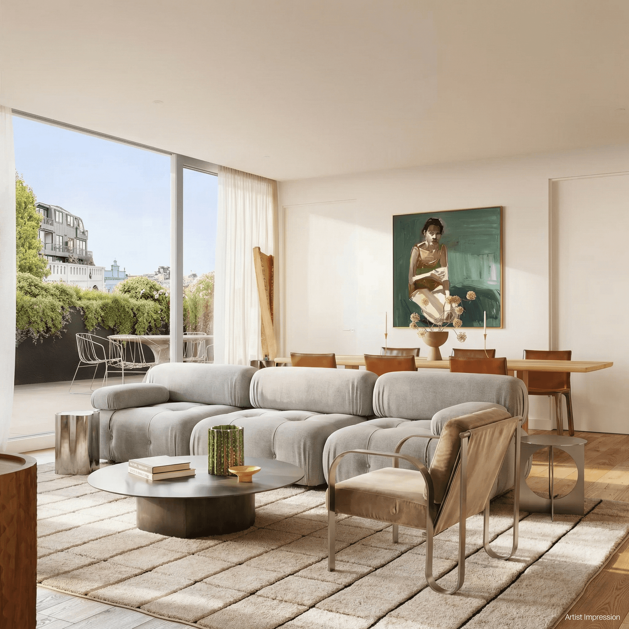 Modern terracotta architecture studio with curved ceilings, grid windows, round tables, stools, plants, and a contemporary chandelier.