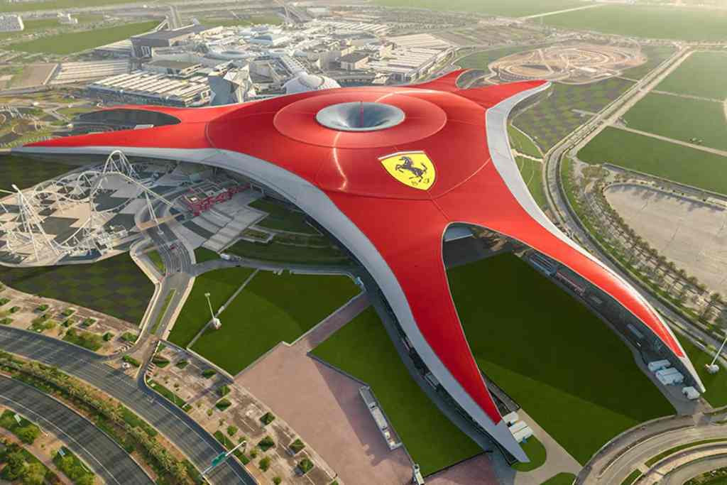 aerial view of ferrari world building, abu dhabi