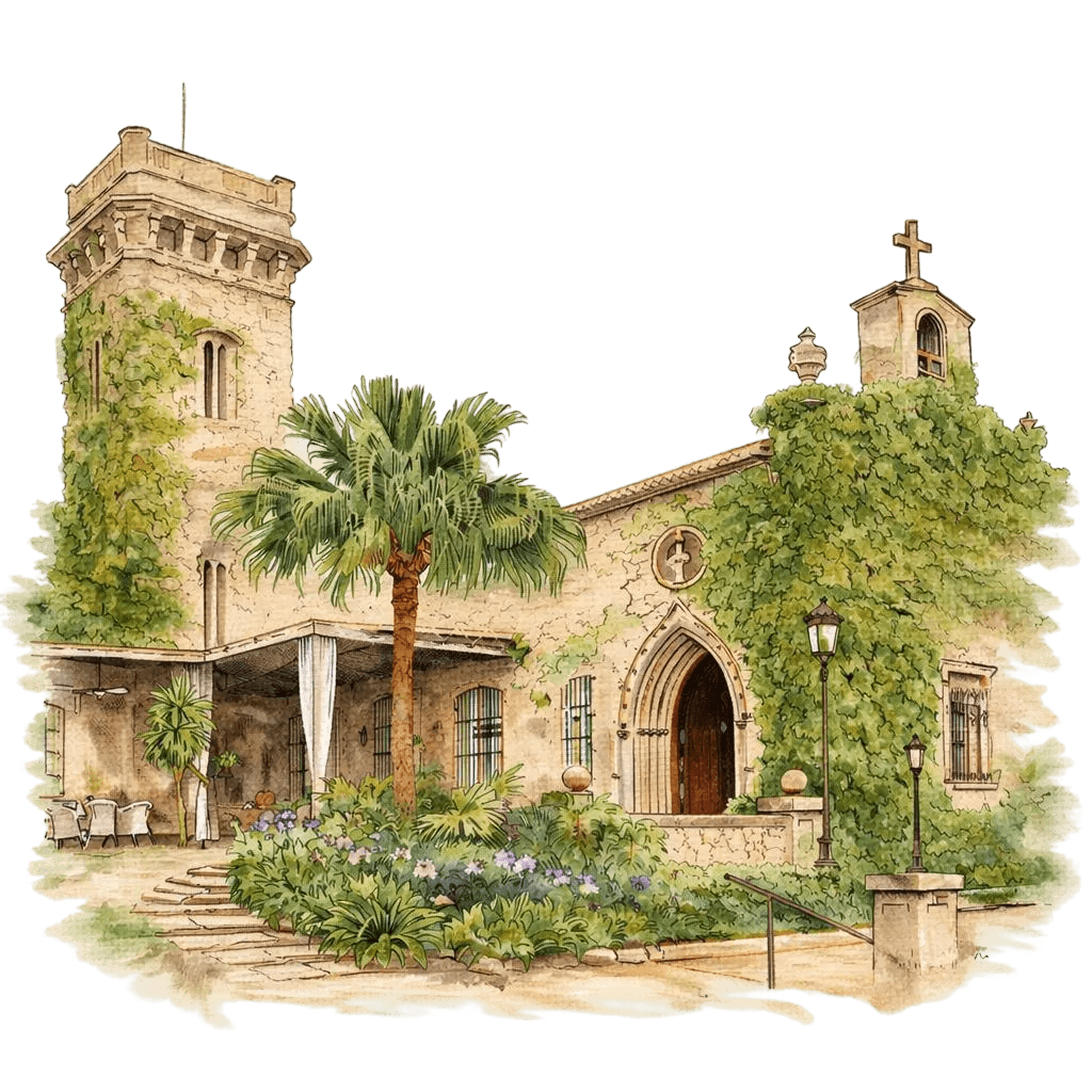 A rustic outdoor market stall displays an array of fresh produce including vibrant tomatoes, leafy greens, and a variety of olives, set against the backdrop of a picturesque rural Italian village.