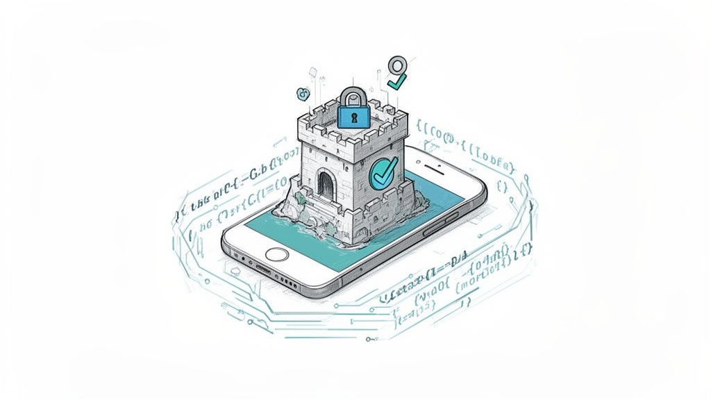 A castle fortress with a padlock and checkmarks on a smartphone, representing secure iOS app development.