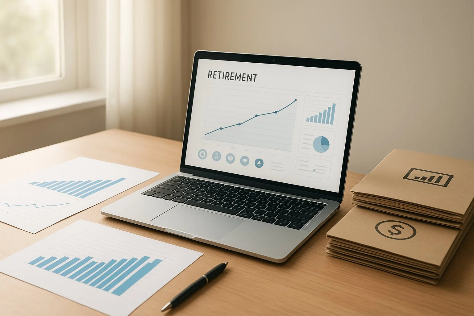 Organized office desk with charts showing steady financial growth, a laptop displaying a retirement dashboard, neatly stacked folders, and soft morning light suggesting long-term planning.