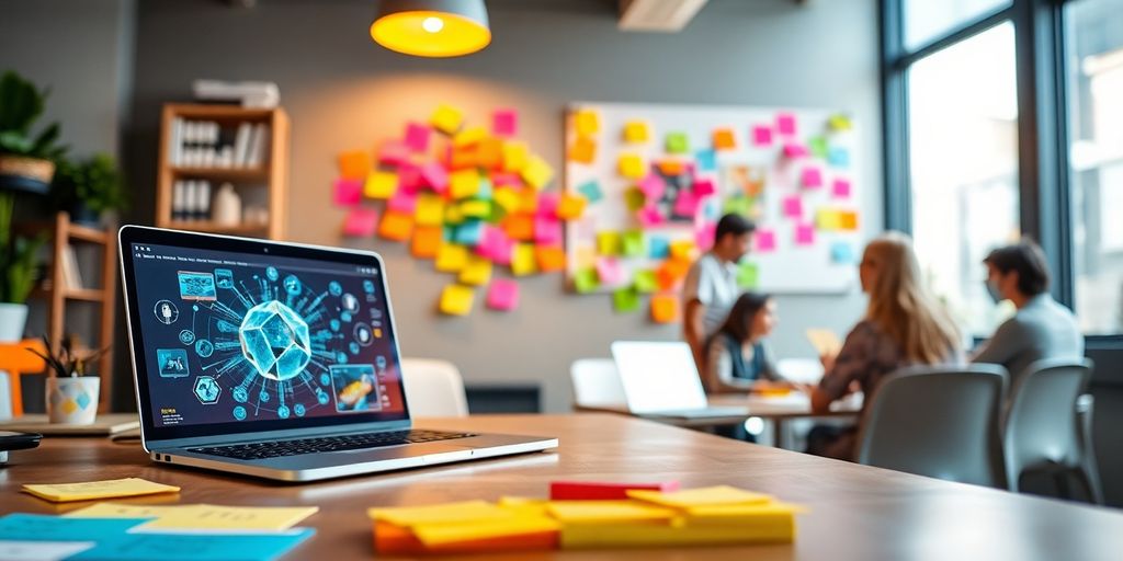 Lively workspace with laptop and colorful brainstorming materials.