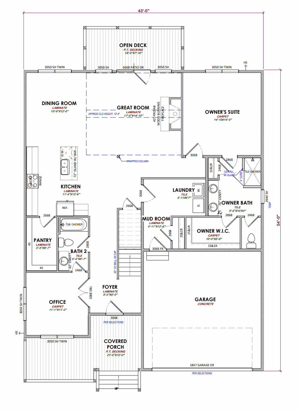 3 bed, 3 bath custom home floorplan