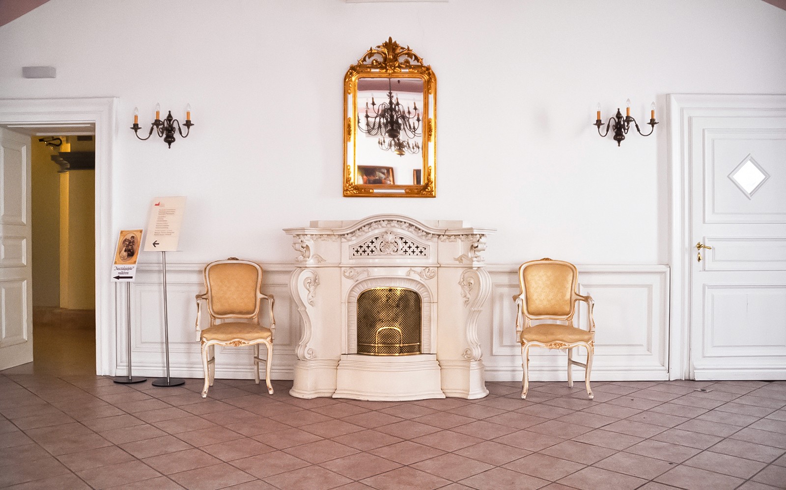Elegant interior of Gödöllő Palace with ornate fireplace and chairs, Budapest tour.