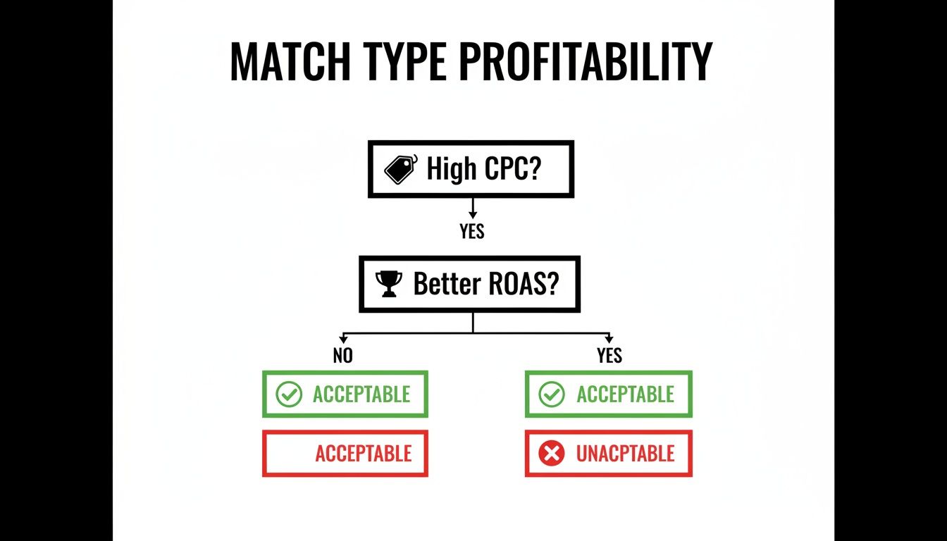Flowchart illustrating match type profitability decisions based on CPC and ROAS metrics.