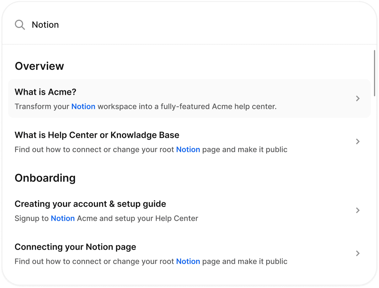 Helpview help center search showing results from a Notion based knowledge base.