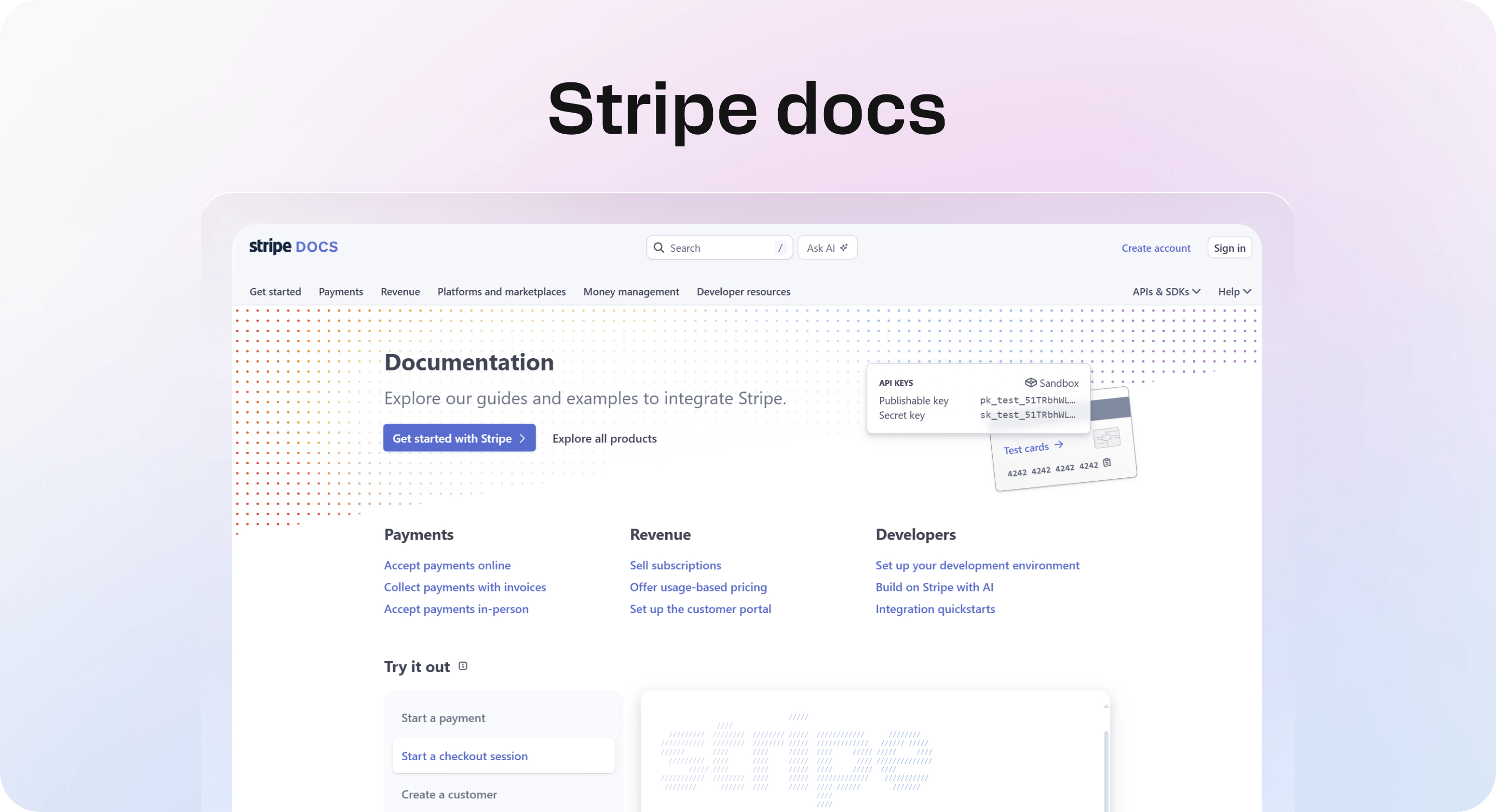 Stripe documentation website with product guides, developer quickstarts, and use-case navigation