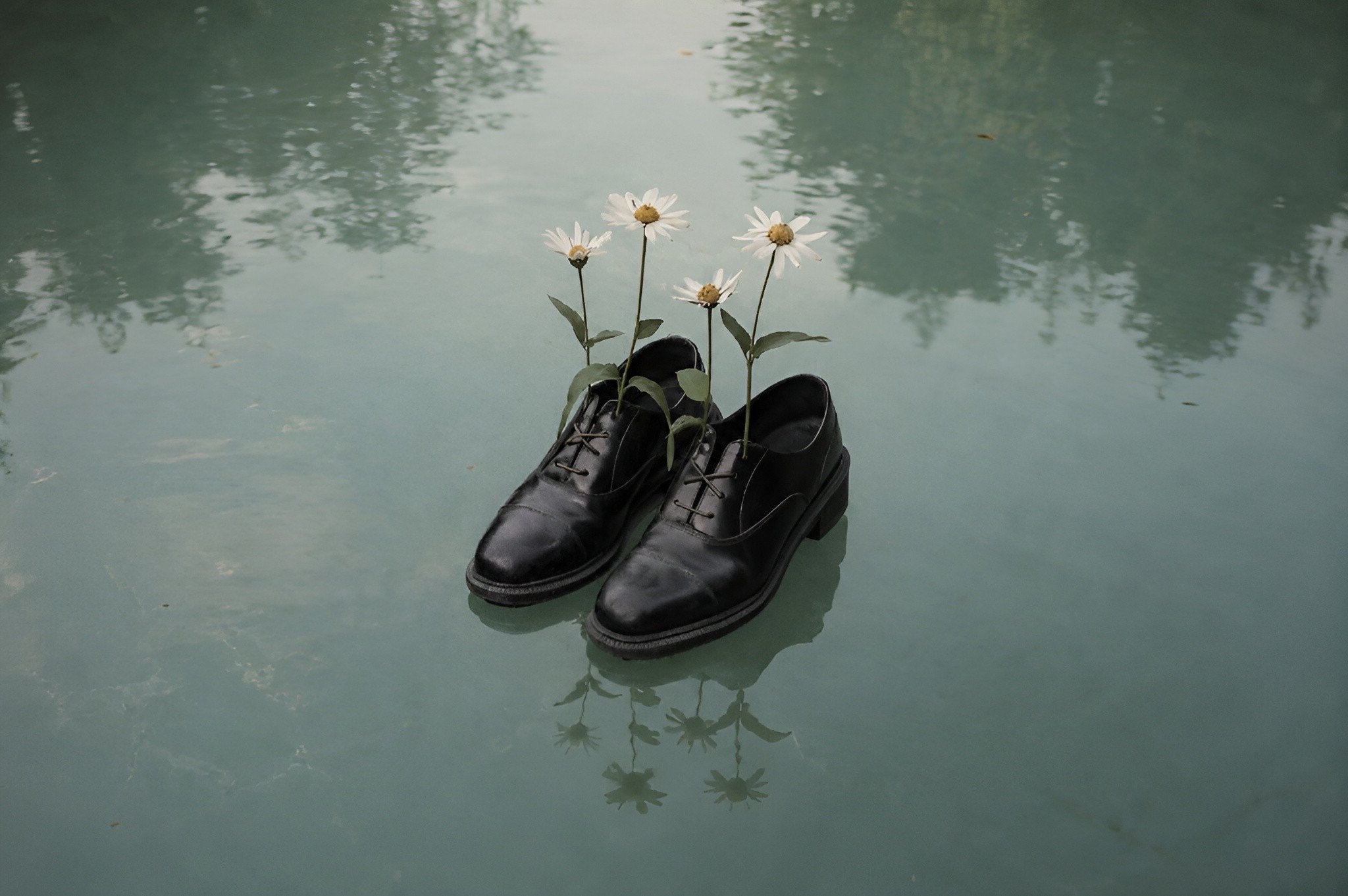 Dress shoe with a flower growing from it, floating above calm water in a minimal composition with soft natural lighting.