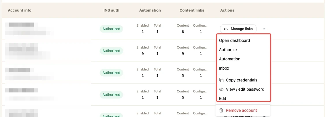 Menu de ações da conta no Dealism Team, mostrando opções de acesso e configuração com detalhes ocultados