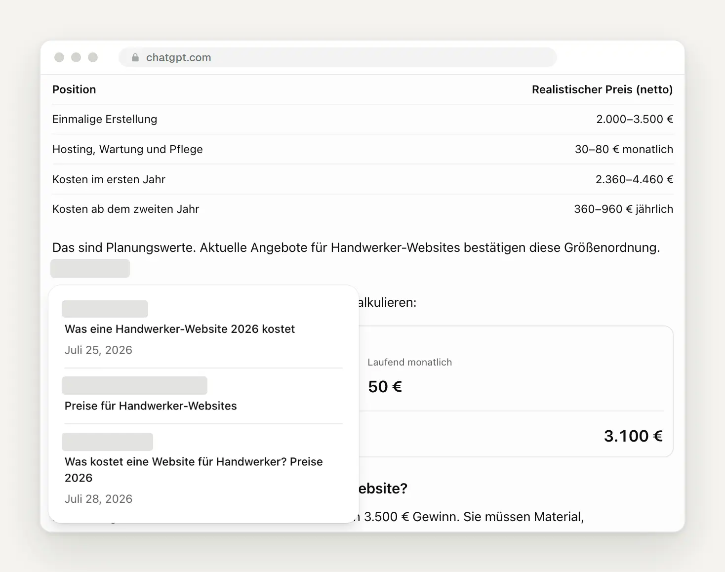 Quellenangaben in ChatGPT zu Website-Preisen: Ratgeberseiten anderer Agenturen