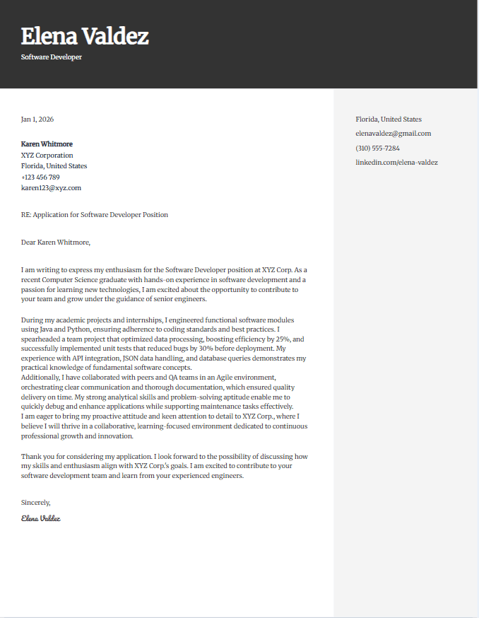 Cover letter example for software developer