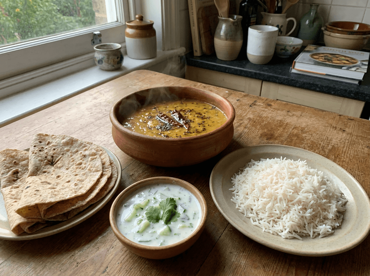 Home-cooked Indian dinner ideas with dal tadka, roti, raita, and basmati rice