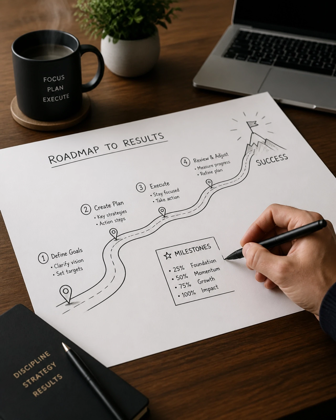 A hand drawing a structured roadmap on a white sheet of paper, representing mapping out a plan to get results.