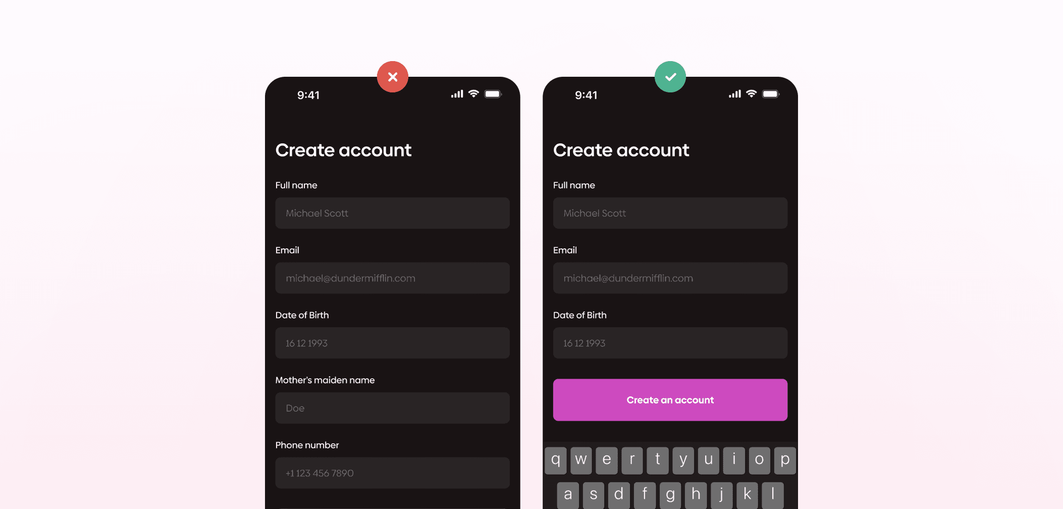 Side-by-side comparison of two mobile “Create account” form designs, with one marked incorrect (red X) and the other correct (green check), highlighting improved layout and usability in the second version.