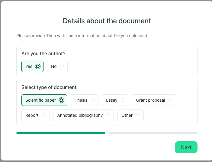 thesify interface asking whether you are the author and which document type you are uploading.