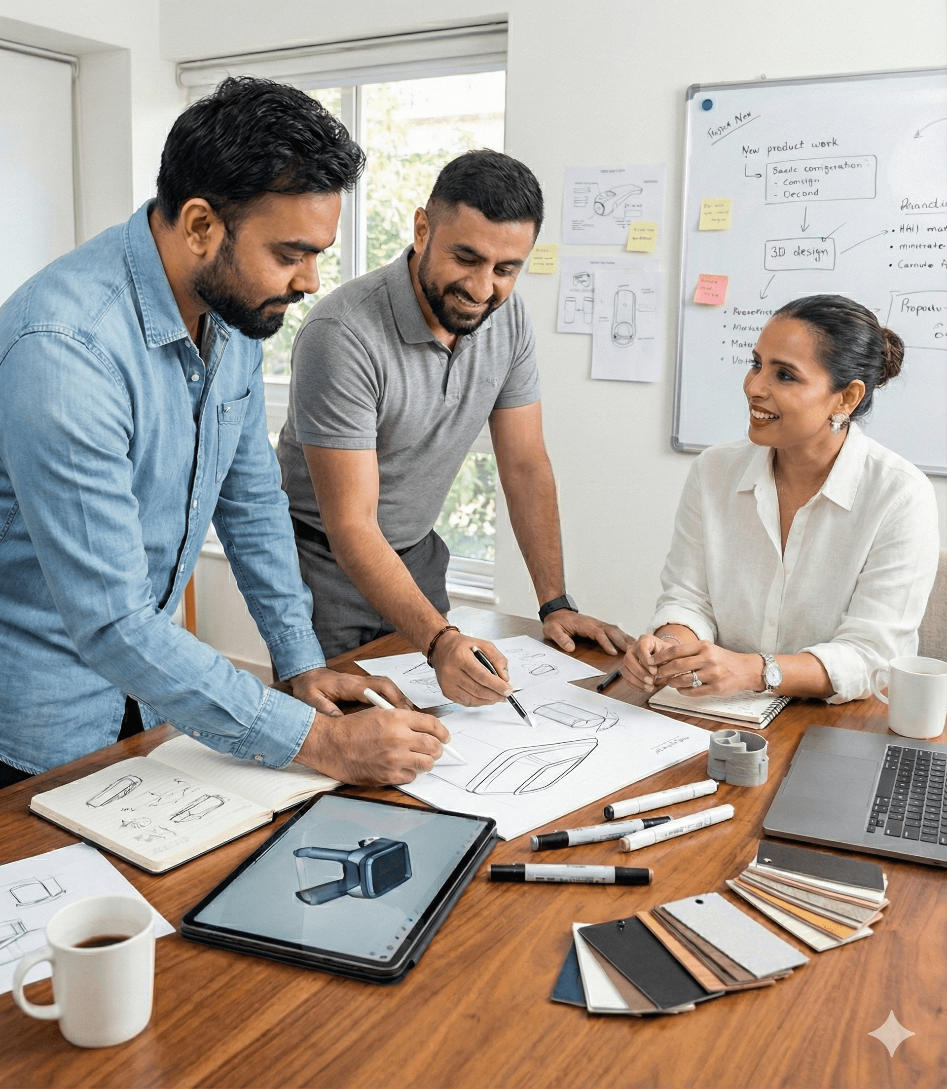 Person sitting in a modern office in front of a wall covered with notes and sketches.