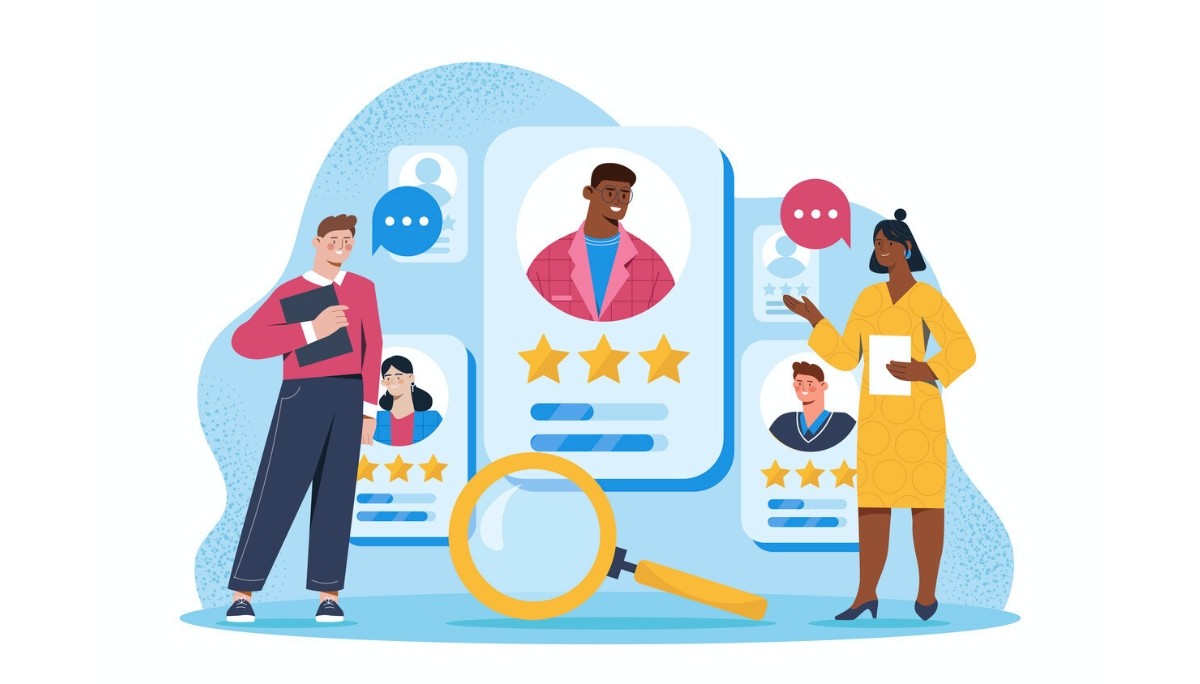 Illustration of two people reviewing a large candidate profile card with star ratings, surrounded by smaller candidate cards and a magnifying glass—representing how engineering placement agencies evaluate and match talent with hiring opportunities.