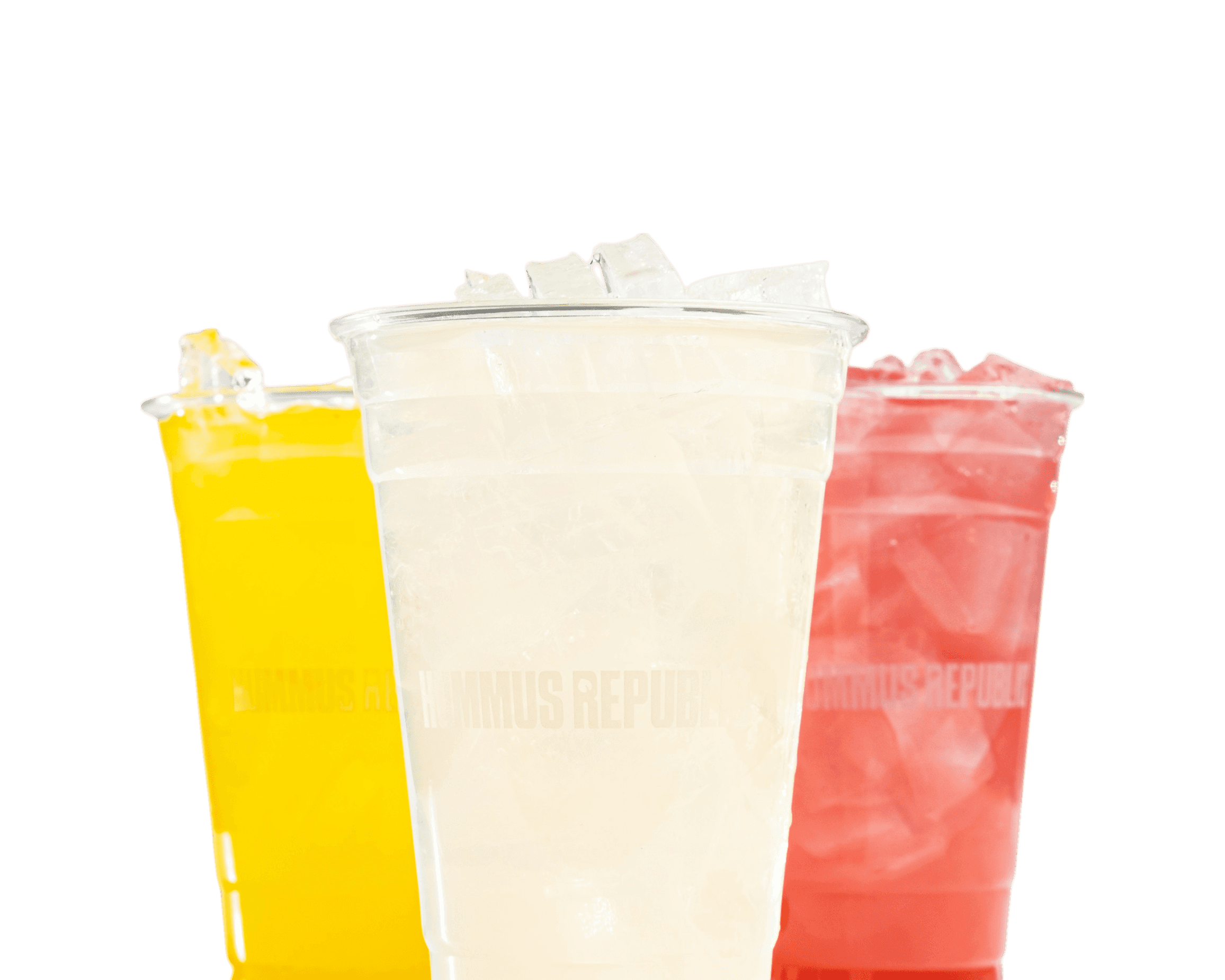 front facing shot of 3 plastic cups of lemonade. 