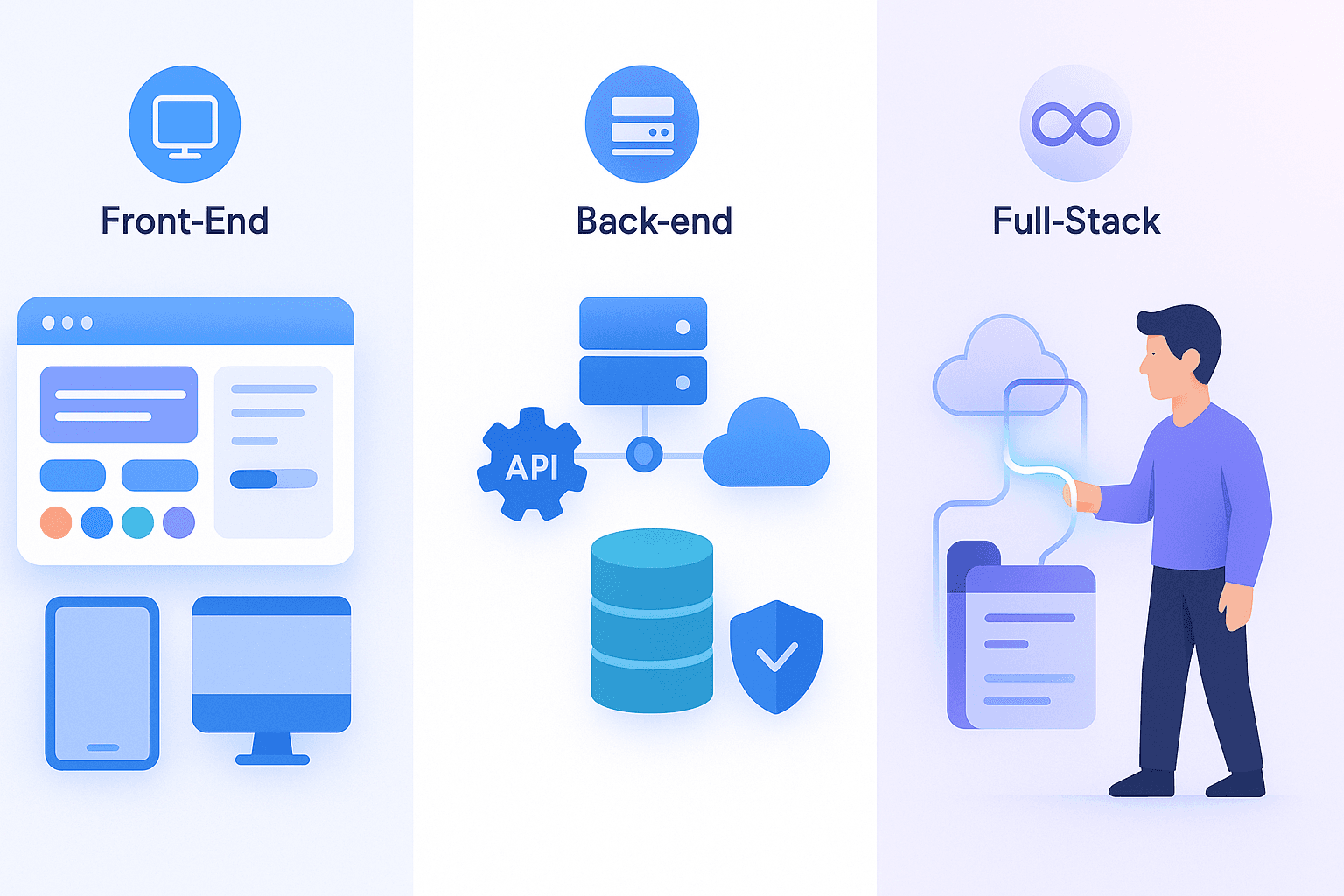 Three-column comparison illustration of front-end vs back-end vs full-stack developers showing UI components, server stack, and integrated workflow — web developer roles explained visually.