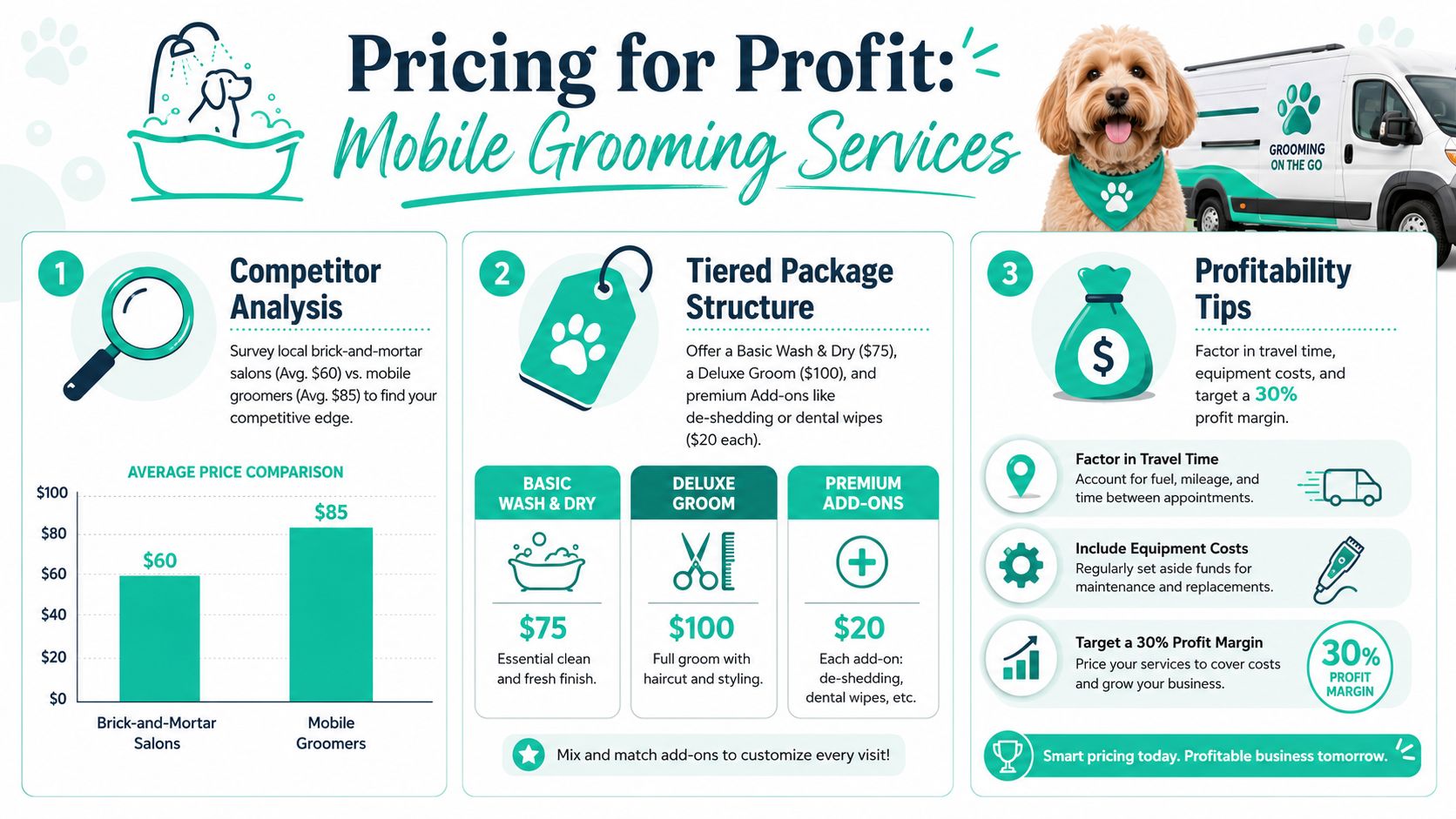 An infographic detailing pricing strategies for a mobile pet grooming business including competitive analysis and profit tips.