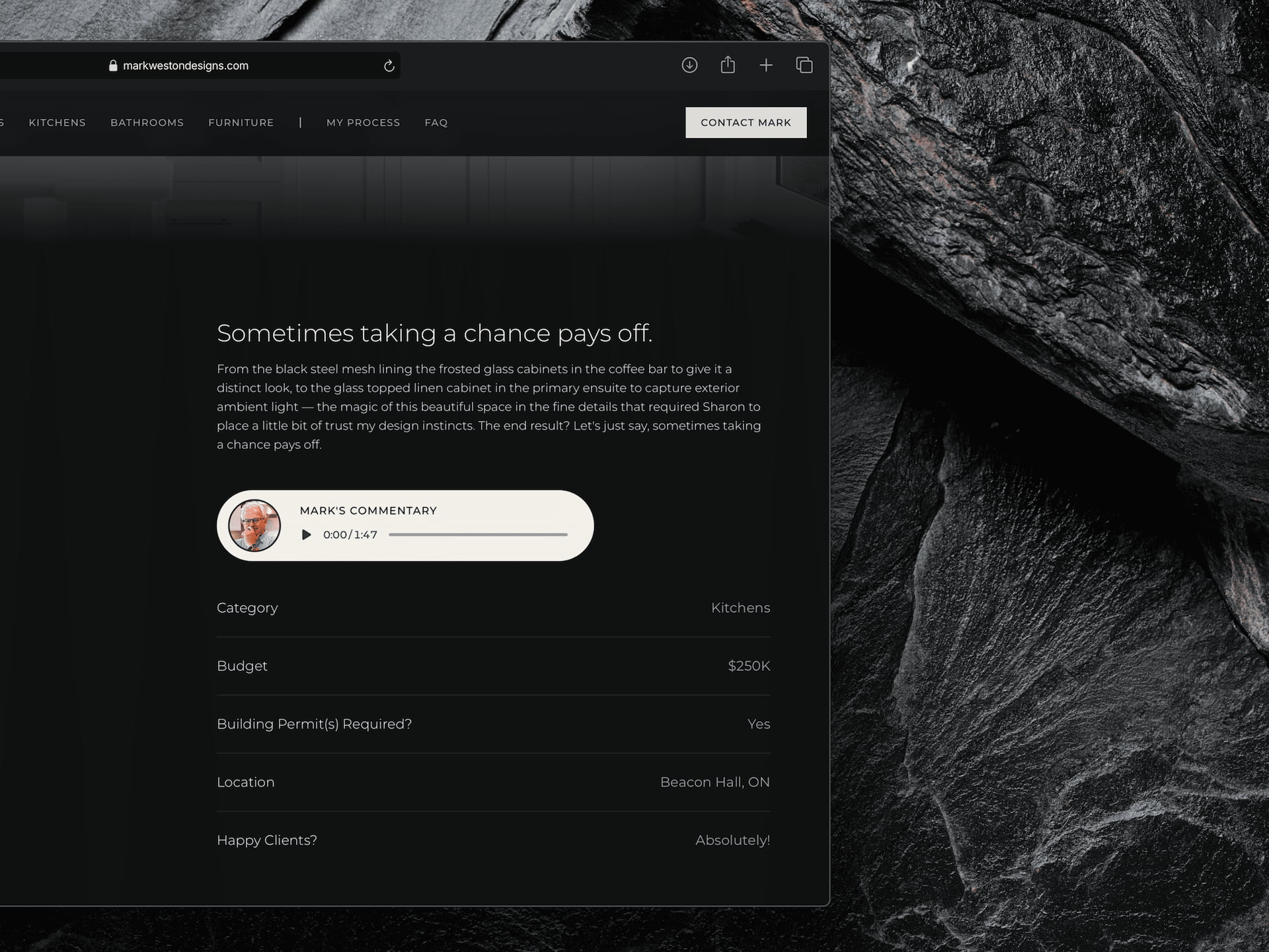 Mark Weston Designs project case study - $250K Beacon Hall kitchen renovation with designer audio commentary and project specs