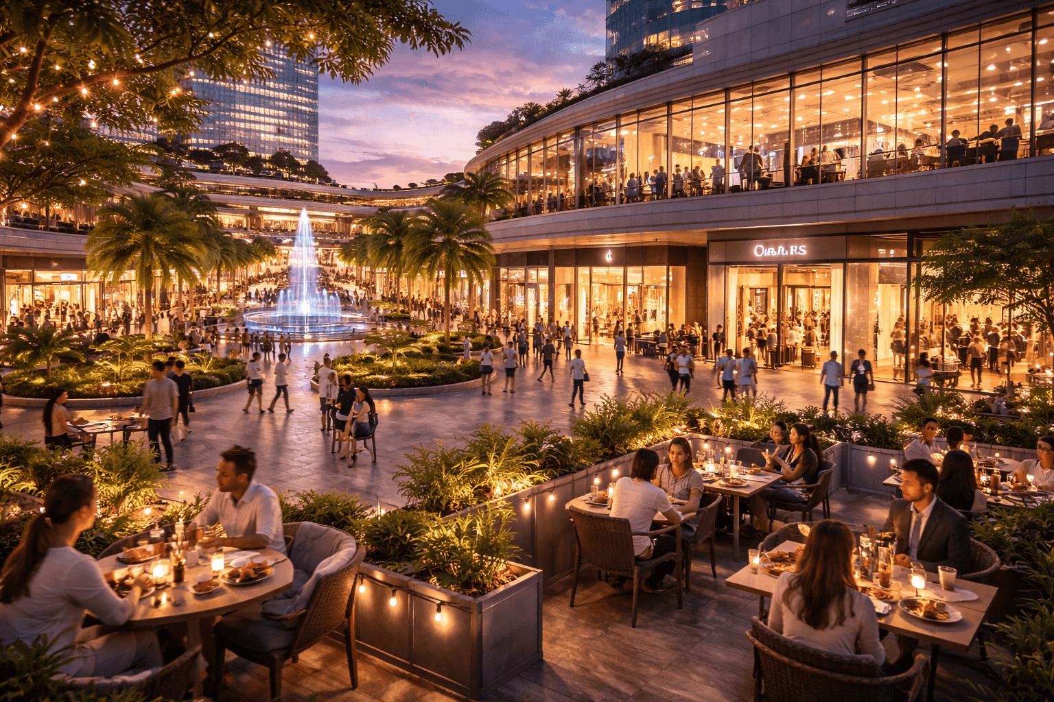 Vibrant outdoor shopping plaza and food court at Sector 103