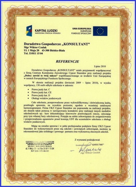 Certyfikat jakości CKZ Cypcer dla kursów na instruktora nauki jazdy.