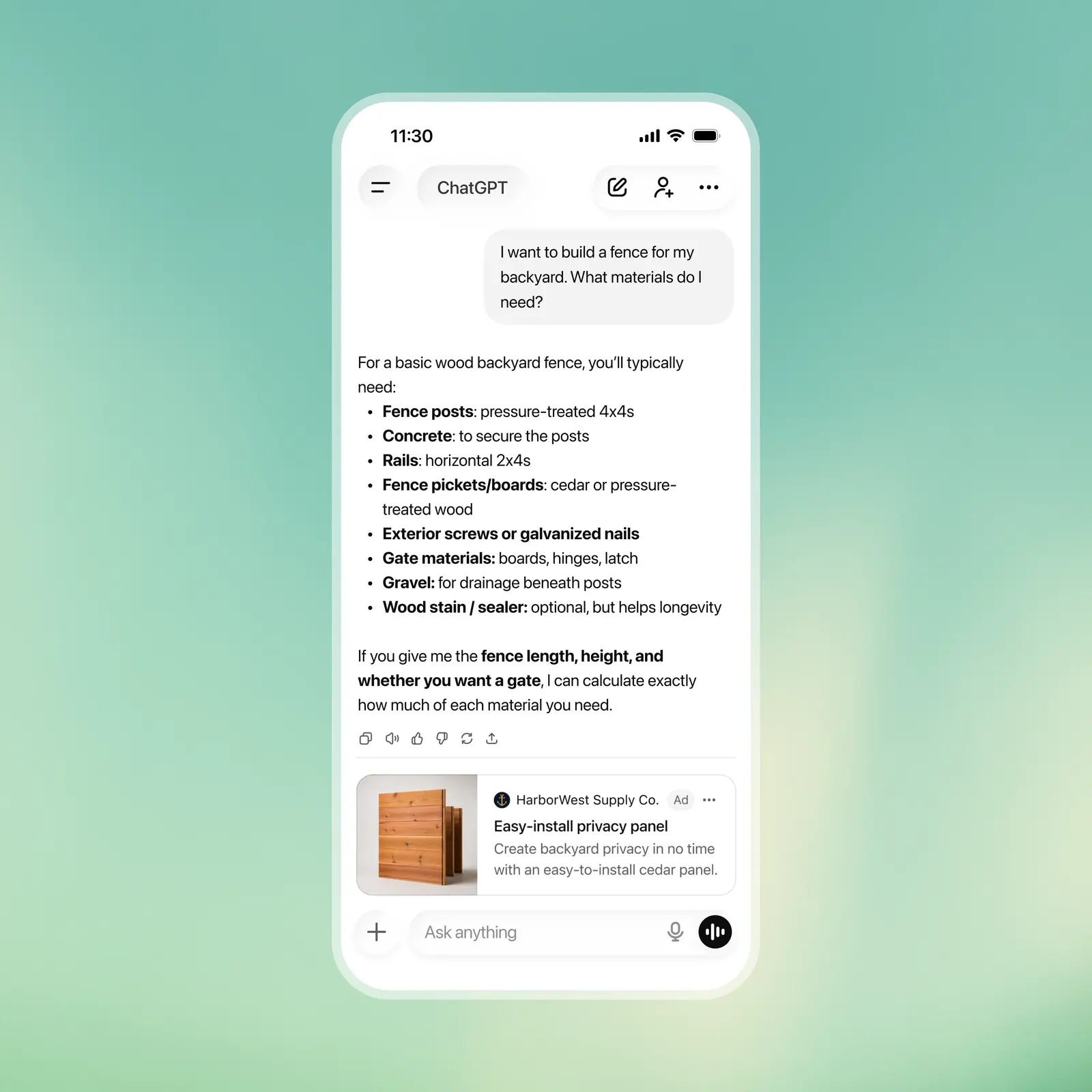 Werbung in ChatGPT: Anzeige eines Holzlieferanten unter einer Antwort zum Gartenzaun