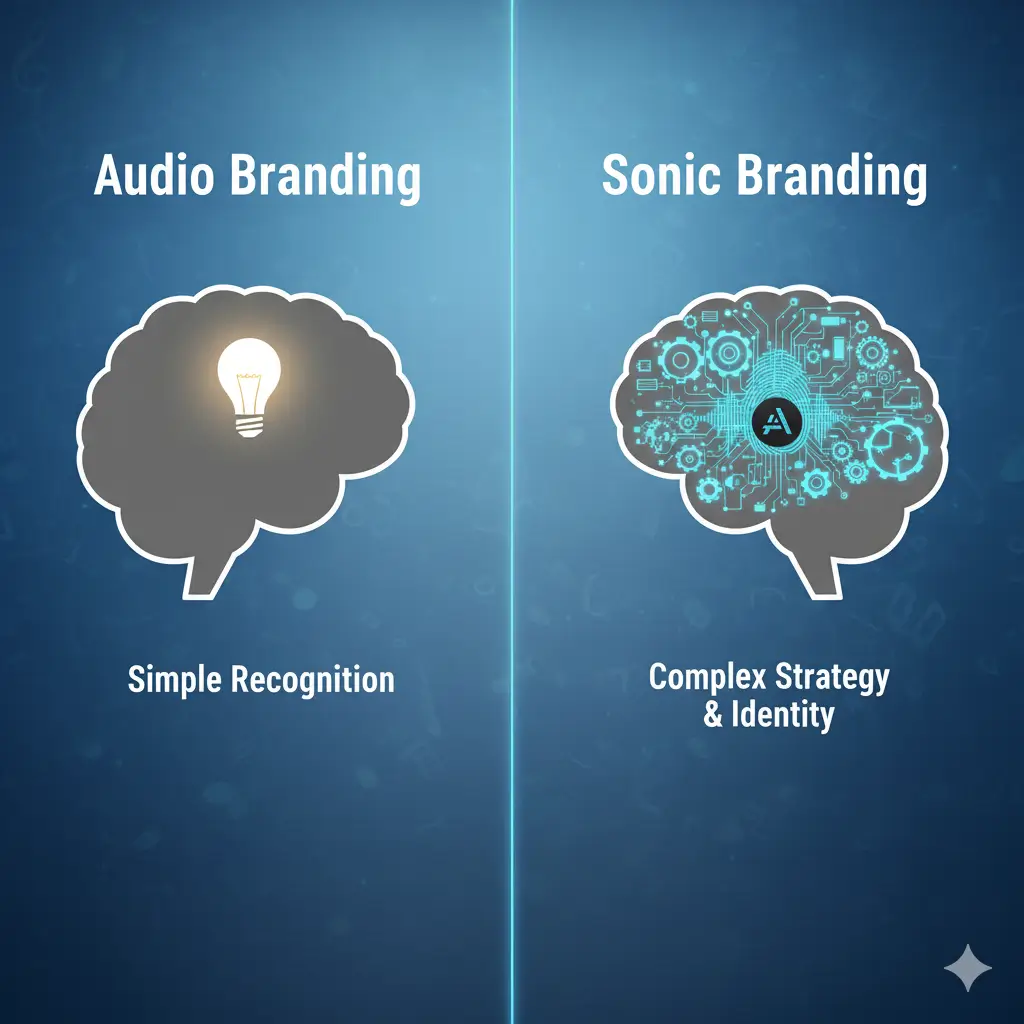A graphic of two brains. The first, labeled "Audio Branding," has a simple lightbulb in it. The second, labeled "Sonic Branding," has an intricate network of gears and pathways, representing a complex, strategic process.
