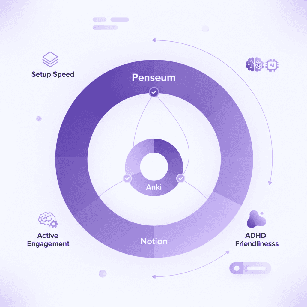 Radar chart comparing Penseum vs Anki vs Notion for ADHD medical students